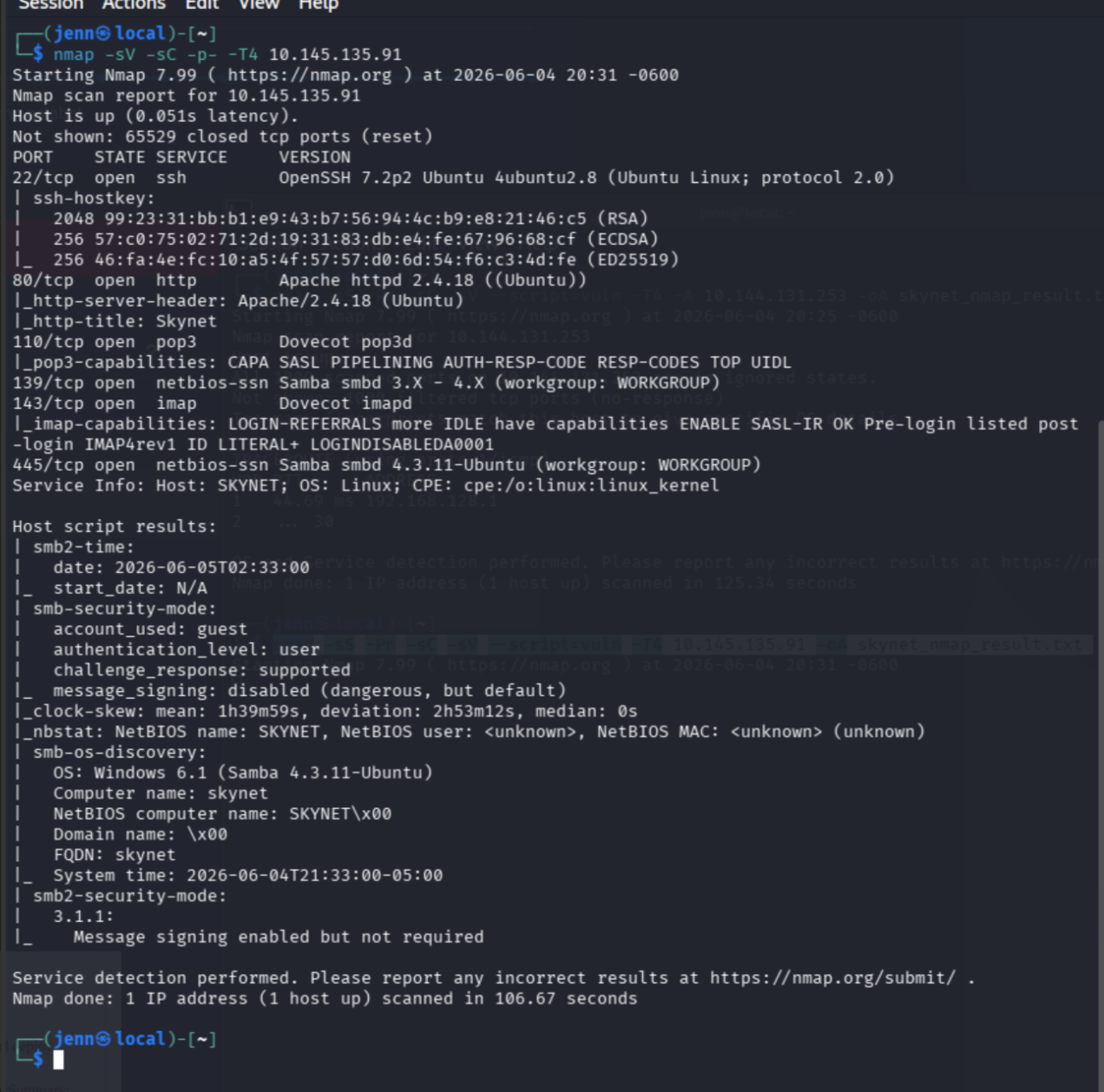 nmap results showing SSH, HTTP, POP3, IMAP, and Samba ports open